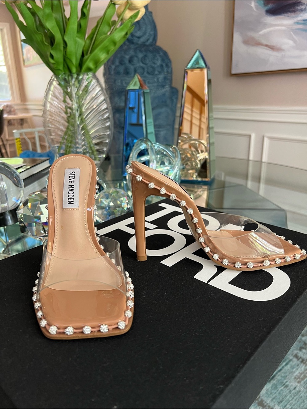 Steve Madden Nude Clear Gem-Embellished Stiletto Mules